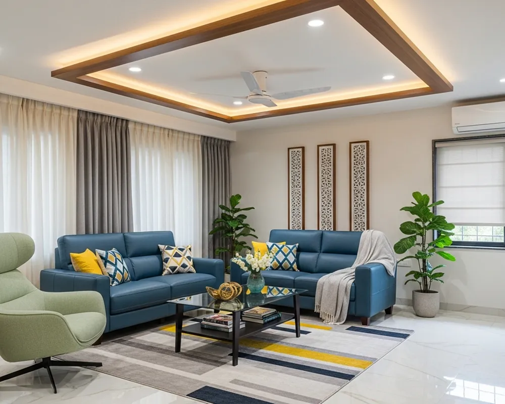 Custom false ceiling with lighting.